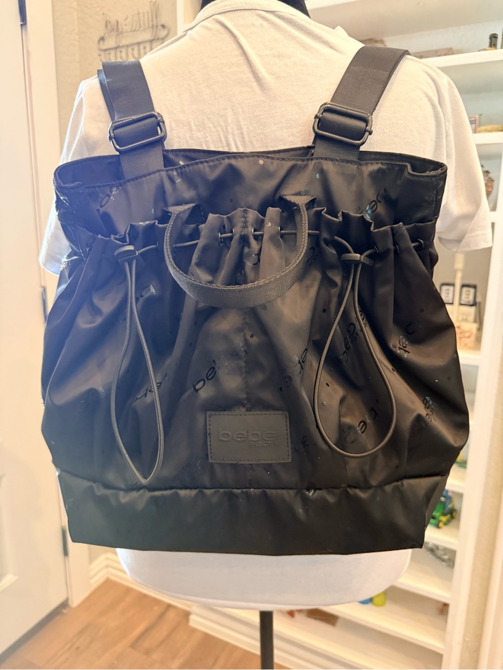 Bebe Black Drawstring Backpack Tote